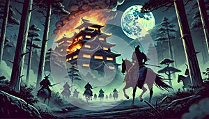 samurai ambushing castle at night wallpaper