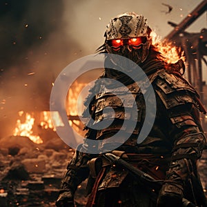 Samurai in armor and mask against the background of a burning ruined city, a portrait of a warrior
