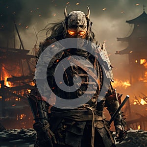 Samurai in armor and mask against the background of a burning ruined city, a portrait of a warrior