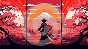 samurai on the background of mount fuji