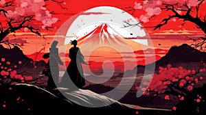 samurai on the background of mount fuji