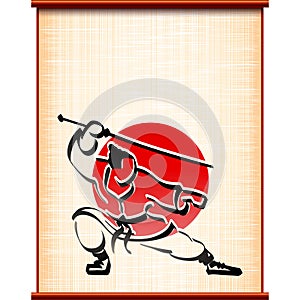 Samurai background parchment katana fighting stance ink silhouette