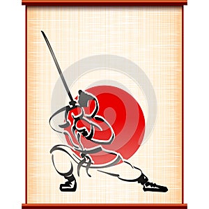 Samurai background parchment katana fighting stance ink silhouette