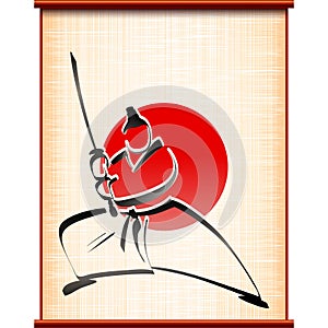 Samurai background parchment katana fighting stance ink silhouette