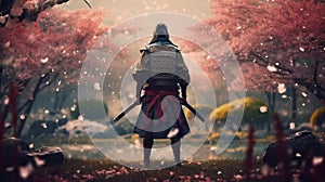 Samurai in a blooming garden back view. Generative AI. photo