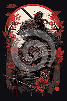 Samurai bushido and red flowers design, Oni mask. hannya mask. japan mask photo