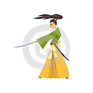 Samurai cartoon character with katana, Japanese warrior in traditional clothes vector Illustration on a white background