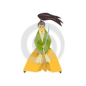 Samurai cartoon character with katana sword, Japanese warrior in traditional kimono vector Illustration on a white