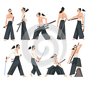 Samurai Character Wearing Hakama and Holding Japanese Sword Vector Set