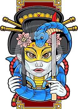 samurai cyborg girl, illustration