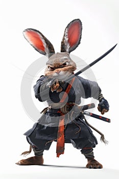 A samurai hare on an isolated white background. 3d illustration