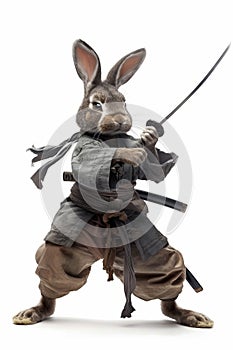 A samurai hare on an isolated white background. 3d illustration