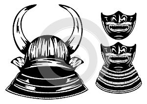 Samurai helmet with horns menpo with yodare-kake