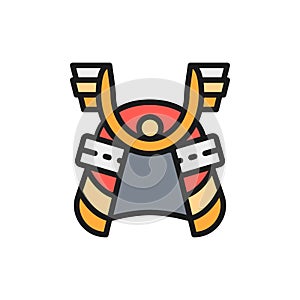 Samurai helmet, japanese warrior mask flat color line icon.