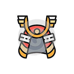 Samurai helmet, japanese warrior mask flat color line icon. photo