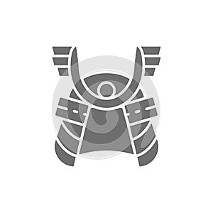 Samurai helmet, japanese warrior mask grey icon.