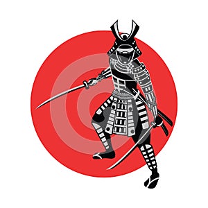 Samurai hold sword in front of red circle,warrior of japan,monochrome realistic design