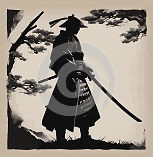 Samurai on ink japanese background. Vector editable image