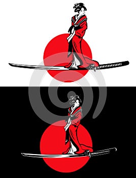 Samurai katana sword blade and geisha wearing kimono against red sun vector design set