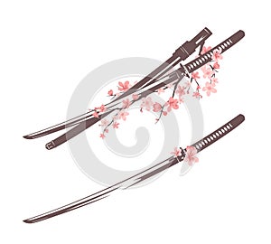 Samurai katana sword and sakura flowers vector design set photo