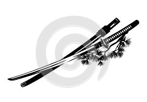 Samurai katana sword with scabbard and pine tree branch black and white vector outline