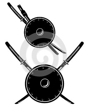 Samurai katana sword and shield black and white vector design set