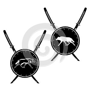 Samurai katana sword and shield with running wolf silhouette black and white vector design set