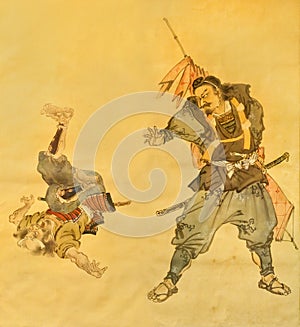 Samurai martial art on old Japanese Traditional painting