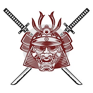 Samurai mask with crossed swords isolated on white background. D
