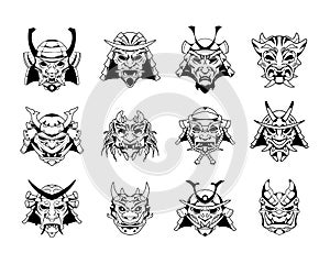 Samurai mask. Hand drawn Japanese warrior helmet tattoo. Medieval bushido demon engraving. Asian traditional head of