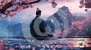 Samurai meditating under cherry blossom tree a tranquil reflection of bushido spirit and nature photo