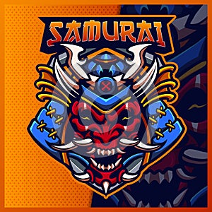 Samurai Oni mascot esport logo design illustrations vector template, Devil Ninja logo for team game streamer youtuber banner