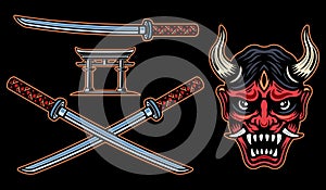 Samurai set of vector objects or design elements in colored style on dark background