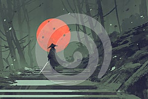 Samurai standing on stairway in night forest with the red moon on background