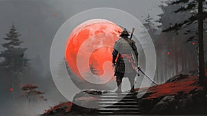 Samurai standing on stairway in night forest with the red moon on background