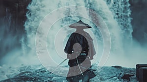 A samurai stands in front of a raging waterfall finding strength and power in its forceful presence photo
