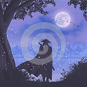 Samurai with sword and standing