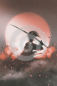 Samurai with sword standing on sunset background