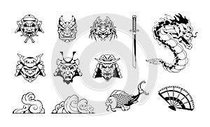 Samurai tattoo. Japanese clipart with warrior helmet and koi fish. Oriental dragon or ocean waves. Demon masks. Ninja