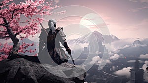 Samurai on top of mountain with sakura tree