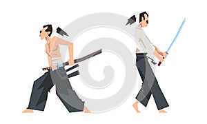 Samurai warrior in action set. Aggressive asian fighter with katana sword cartoon vector illustration