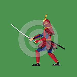 Samurai Warrior Brandishing Sword, Vector illustration