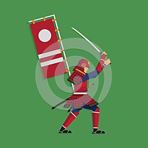 Samurai Warrior Brandishing Sword, Vector illustration