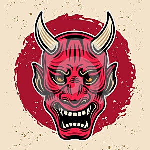 Samurai warrior horned red mask vintage vector colored illustration in retro style with grunge textures