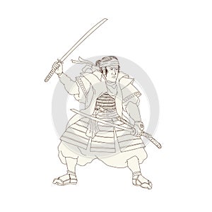 Samurai Warrior Katana Fight Stance Woodblock