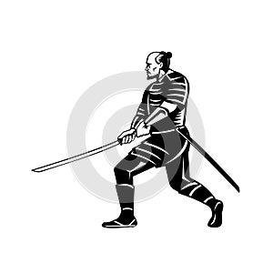 Samurai Warrior With Katana Sword in Fighting Stance Retro Black and White