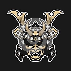 Samurai warrior mask. Traditional armor of japanese warrior on a dark background.