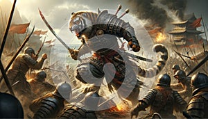 A samurai warrior riding a ferocious tiger into an intense battle scene