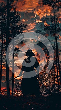 Samurai warrior silhouette at sunset in forest, dramatic sky concept