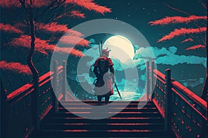 Samurai warrior on stairs in nocturnal forest under red moon